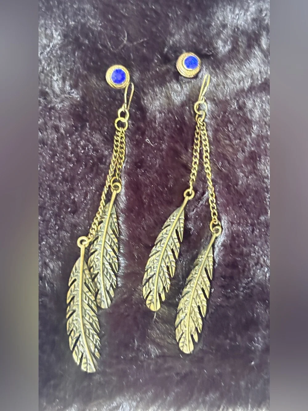 Boho Bundle: Bronze Feather Dangle Chain Earrings and Blue Rhinestone Studs Set